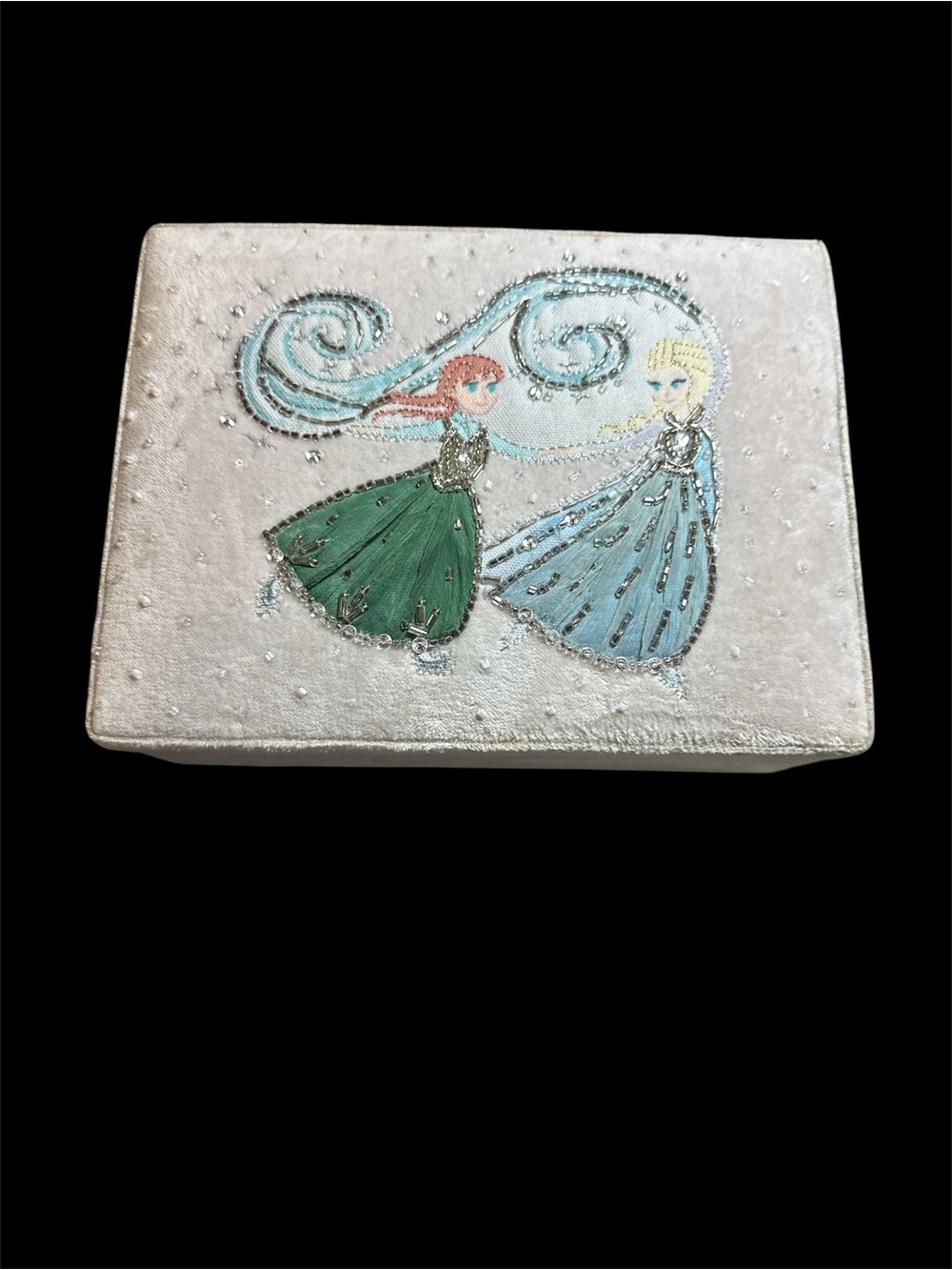 Pottery Barn Kids White Sparkle Frozen jewelry box Princess Embroidery